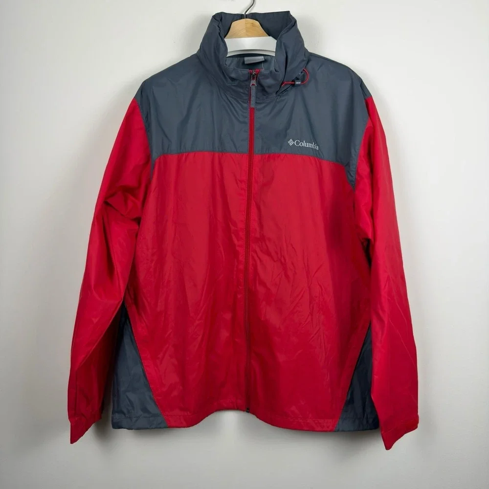 Columbia Windbreaker Jacket Size Men's XL Red Gray Hood Packable Full Zip Up